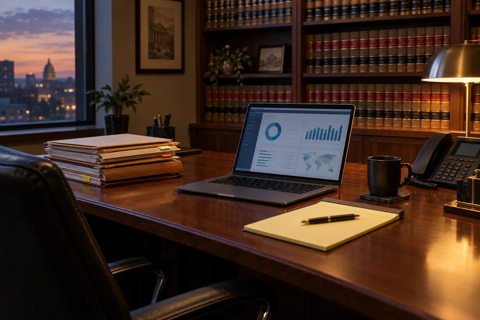 A small law office desk at dusk with an open laptop, case files, a legal pad and shelves of law books behind it.