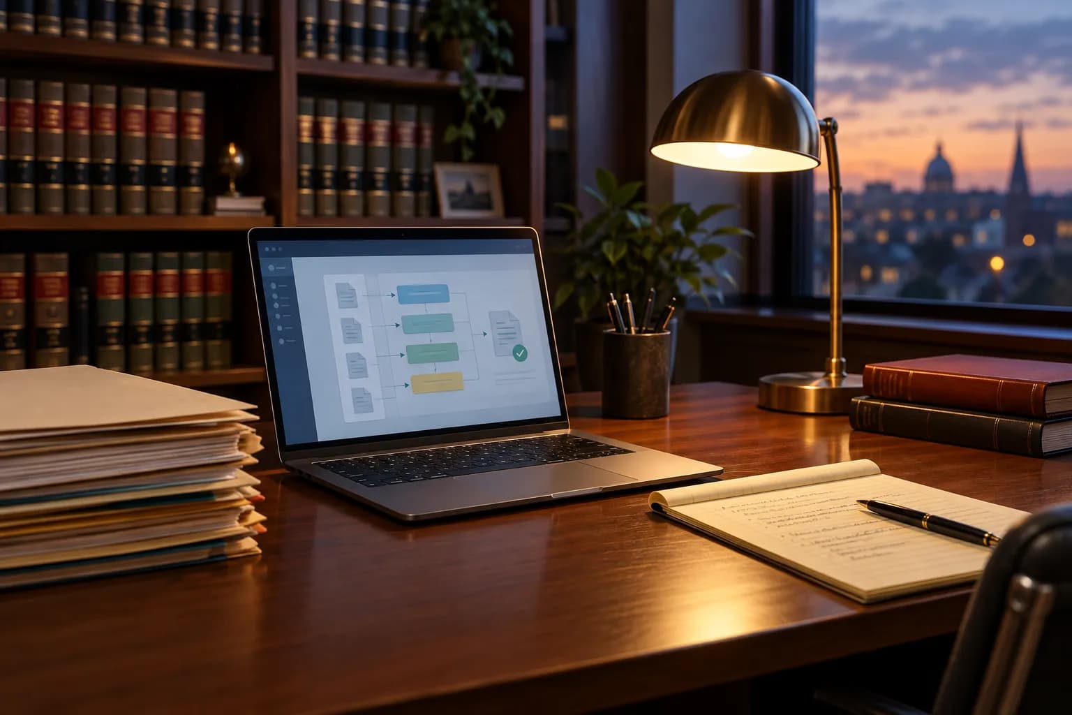 A small law office desk with a laptop, client files and a legal pad under a warm desk lamp, with law books in the background.
