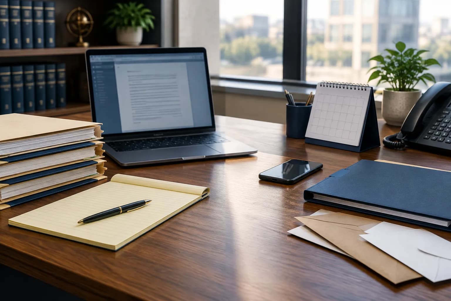A law office desk divided between legal research materials on one side and client intake, calendar and correspondence items on the other.