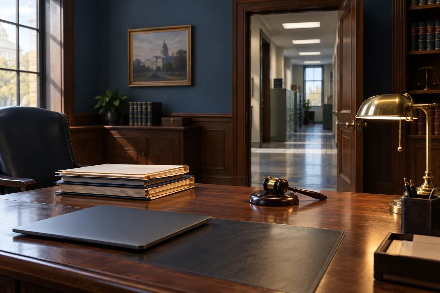 An empty judge's chambers with a laptop, case files and a gavel on a wooden desk, with a government office corridor visible through the door.