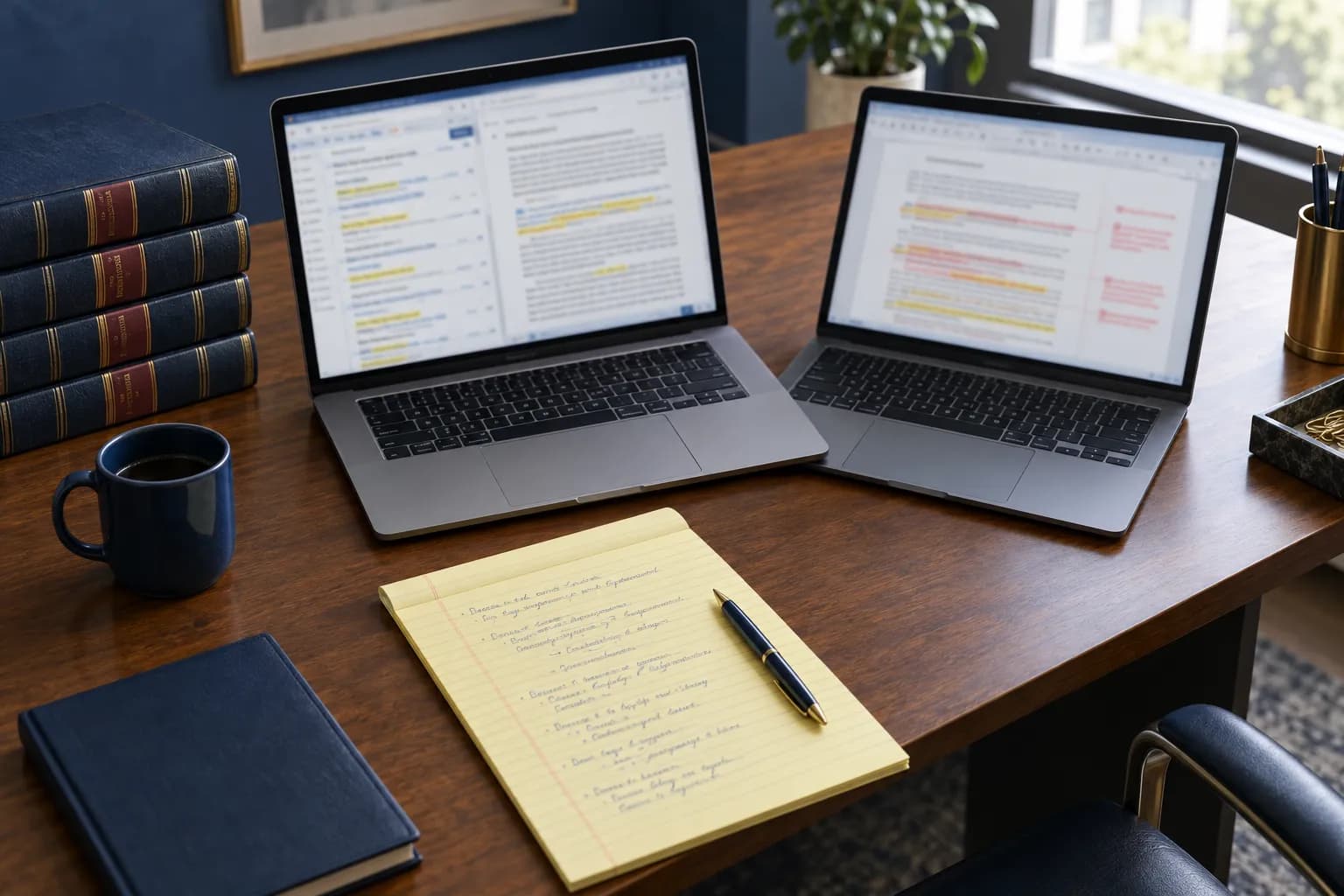 Two laptops side by side on a lawyer's desk, one showing case law research and one a contract markup, next to law reporters and a legal pad.