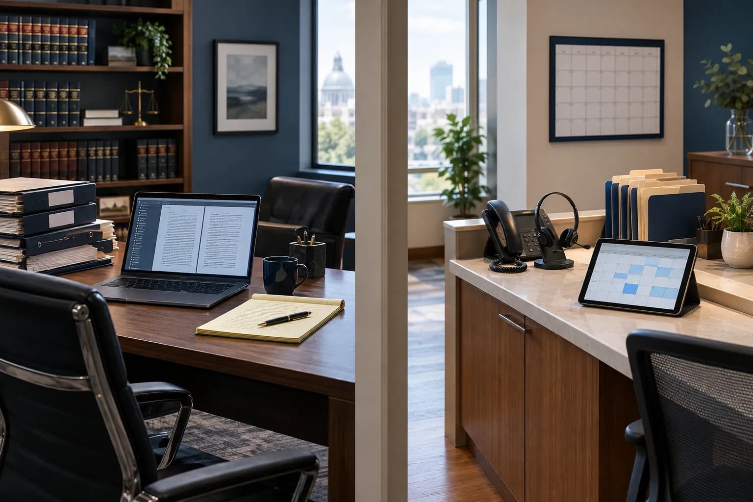 A law office split between a lawyer's research desk with case binders and a front-office desk with a phone headset, calendar and intake folders.