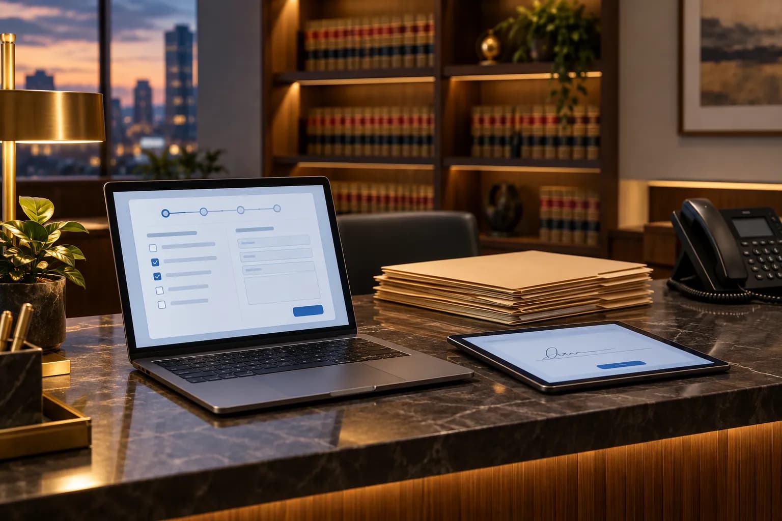 A law firm reception desk with a laptop showing an online intake form, a tablet ready for e-signature and a stack of client folders.