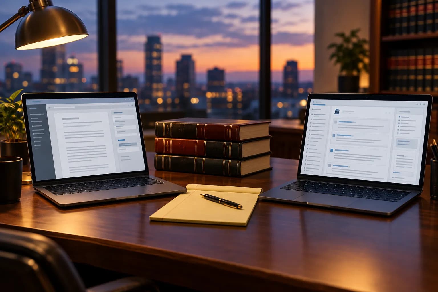 Two laptops side by side on a law office desk, one showing a drafting screen and one showing research results, with law books and a legal pad between them.