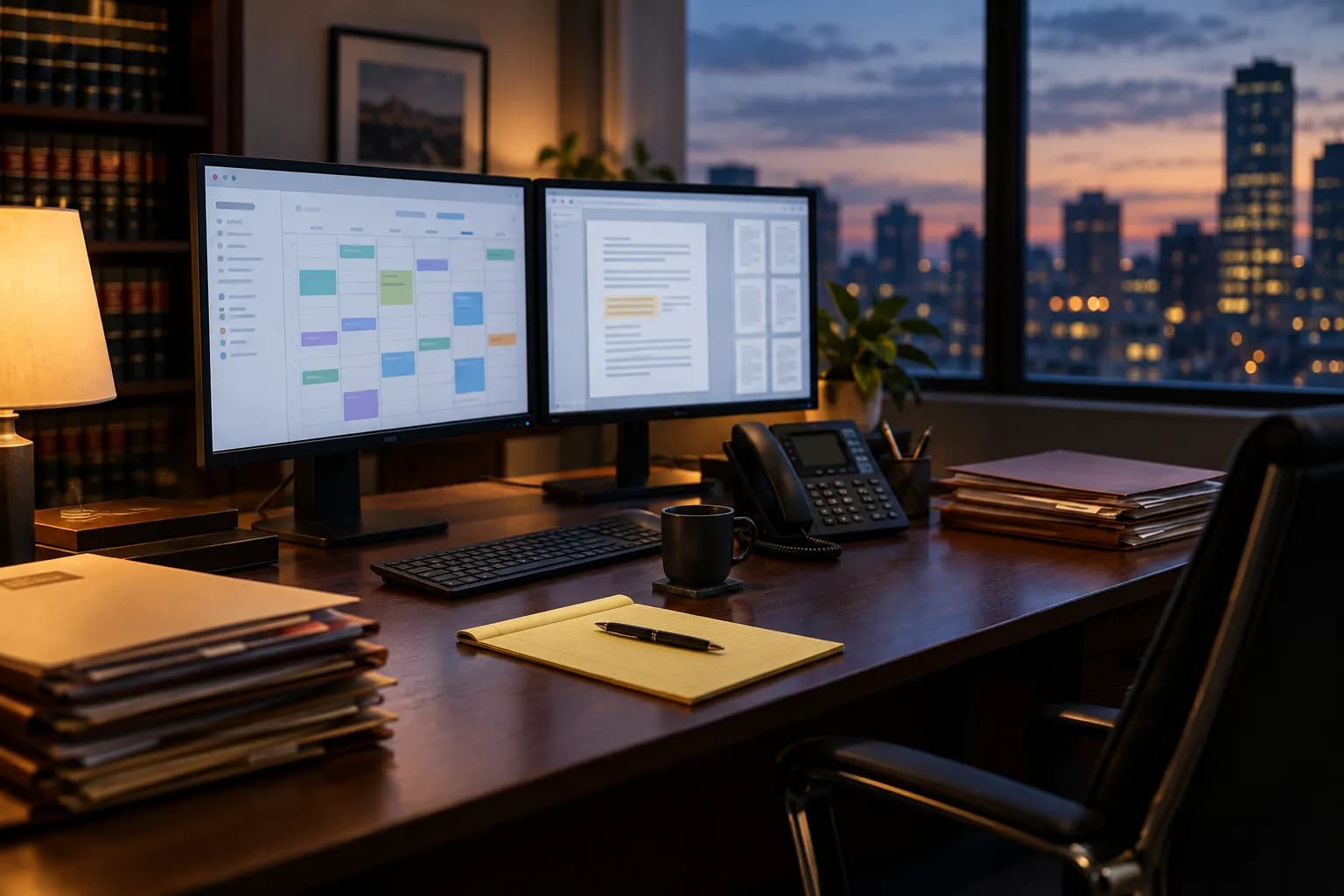 A law firm desk with two monitors, one showing a scheduling calendar and one showing document review, next to case files and a legal pad.