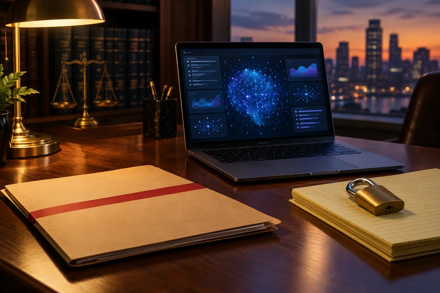 A law office desk with a laptop, a closed case file and a padlock on legal pads, suggesting confidential AI-assisted legal work.