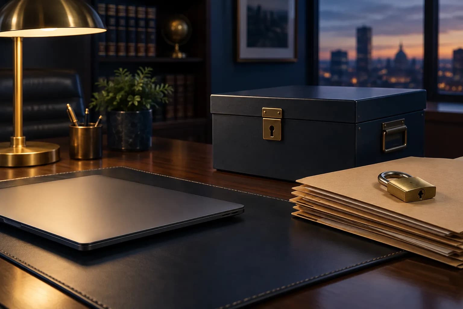 A law office desk with a laptop, a locked file box and a brass padlock resting on case folders under lamp light.