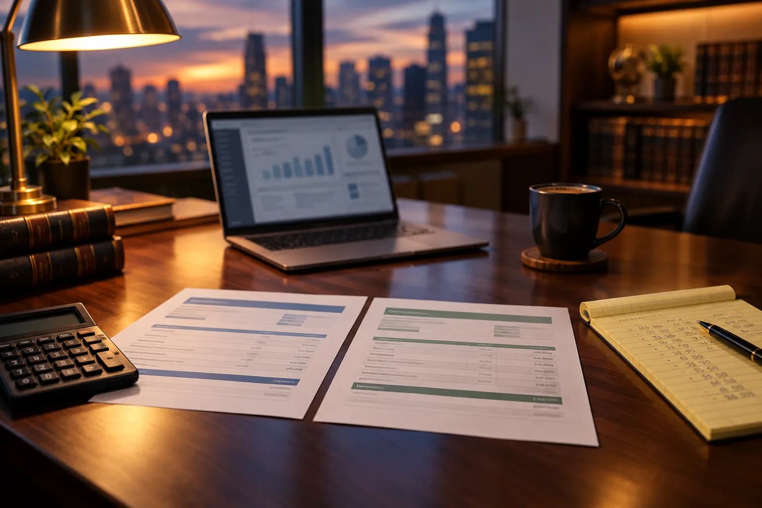 A law office desk with two printed software quotes, a calculator, a laptop and a legal pad, set up to compare legal AI costs.