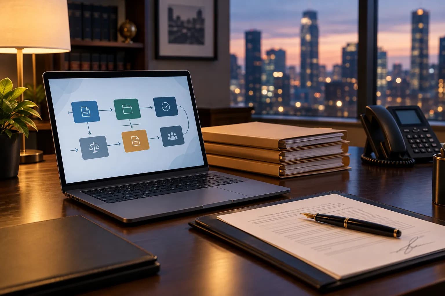 A law office desk at dusk with a laptop showing an abstract workflow diagram beside case folders, a pen on a signed document and a desk phone.