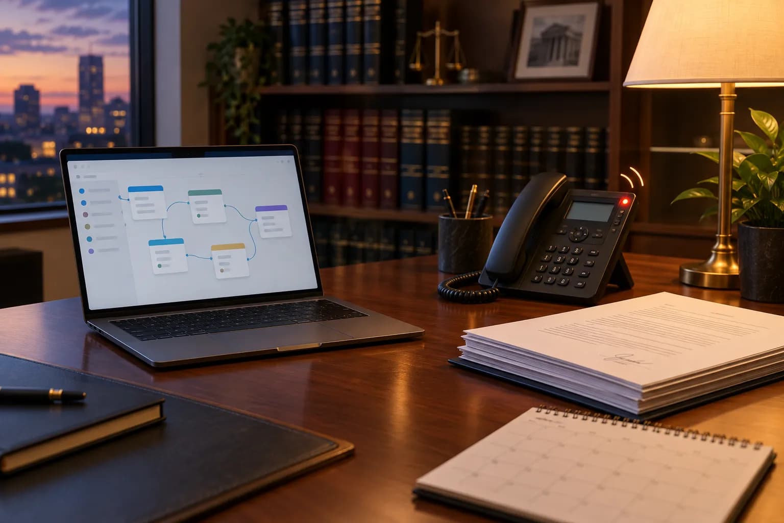 A law office desk at dusk with a laptop showing an abstract workflow, a desk phone, signed documents and a calendar.
