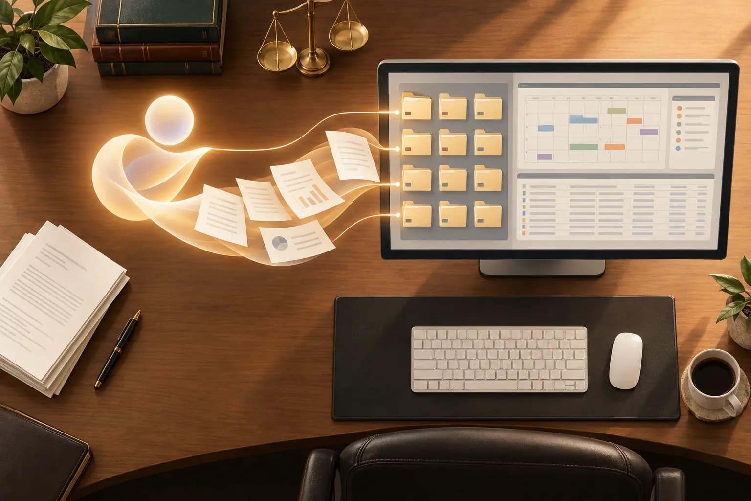 Illustration of a law office desk where an AI assistant drafts documents that flow into the organized matter folders and calendar of a practice management system.