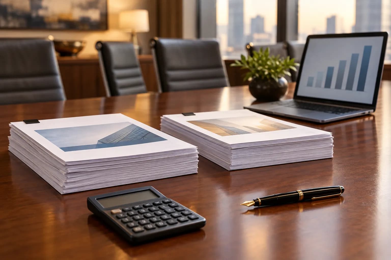 Two stacks of vendor proposals next to a calculator and laptop on a law firm conference table.