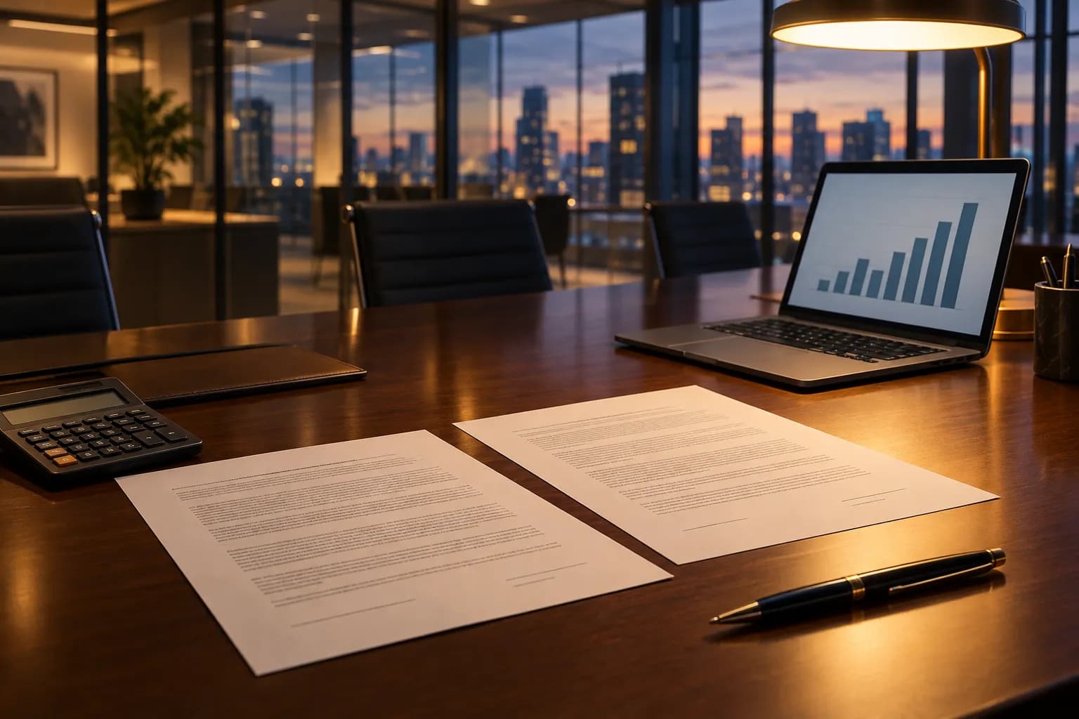 Two software contracts, a calculator and a laptop on a law firm conference table, set up for comparing AI tool costs.