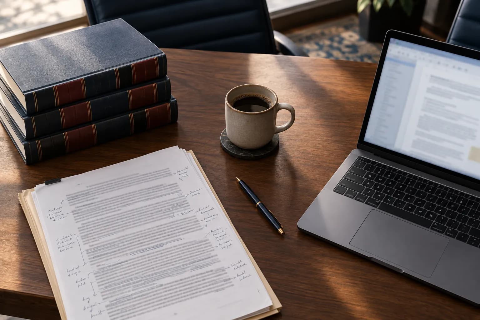 A law office table with bound case reporters and a marked-up research memo on one side and an open laptop on the other.