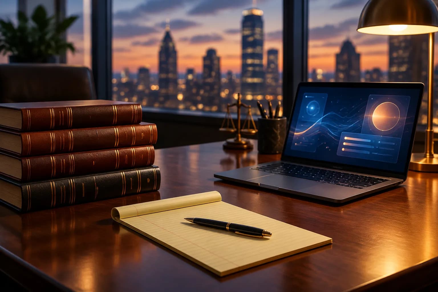 A law office desk with bound case reporters on one side and an open laptop on the other, a legal pad between them, lit by a desk lamp at dusk.