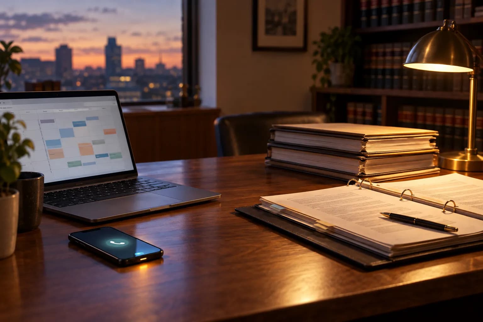 A law office desk with a laptop calendar and phone on one side and a stack of legal briefs and a case binder on the other.