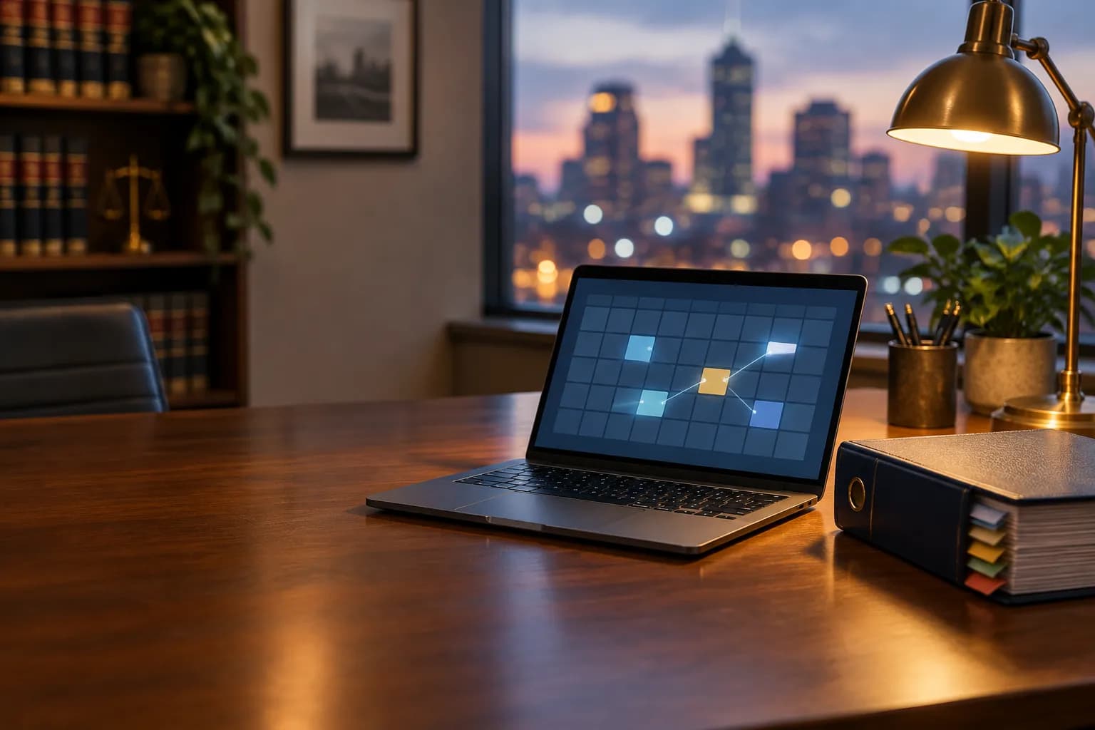 A law office desk at dusk with a laptop showing a calendar grid of linked dates beside a tabbed court rules binder under a warm desk lamp.