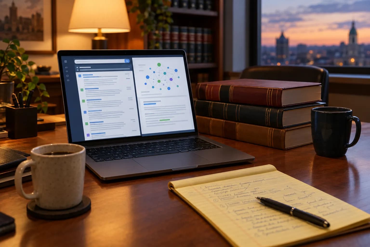 A small law office desk with an open laptop, a stack of case reporters and a legal pad under warm lamp light.
