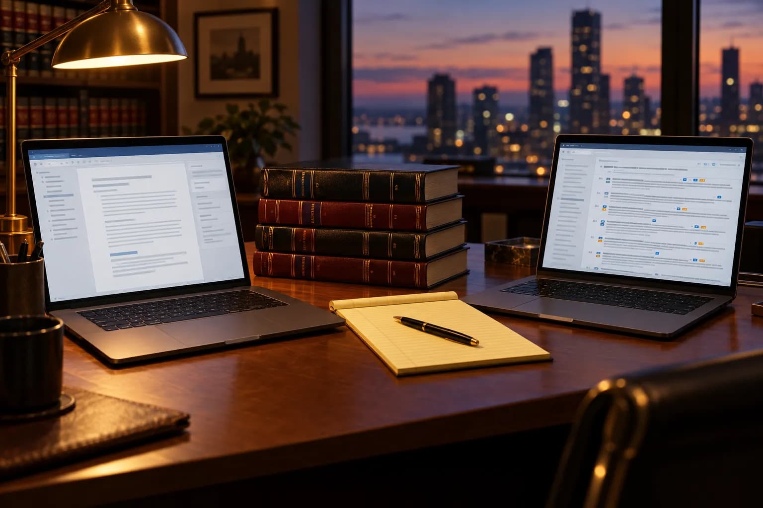Two laptops side by side on a law office desk, one showing a drafting tool and one showing case law research, with legal reporters and a legal pad between them.