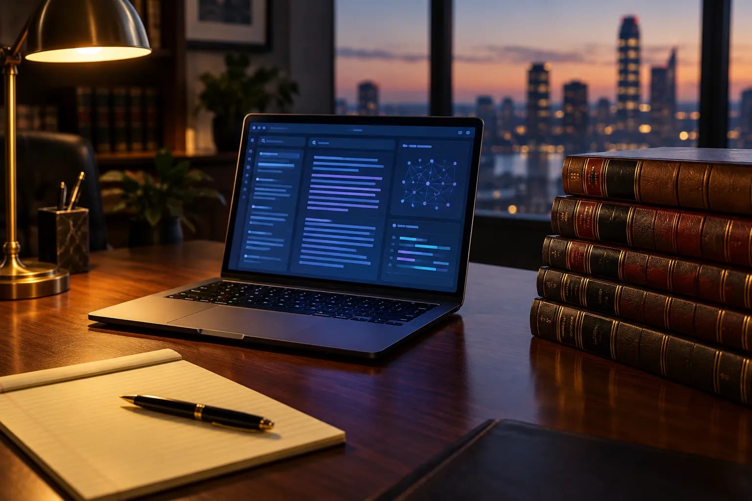 A laptop with an abstract research screen sits beside a stack of bound case reporters on a law office desk lit by a lamp.
