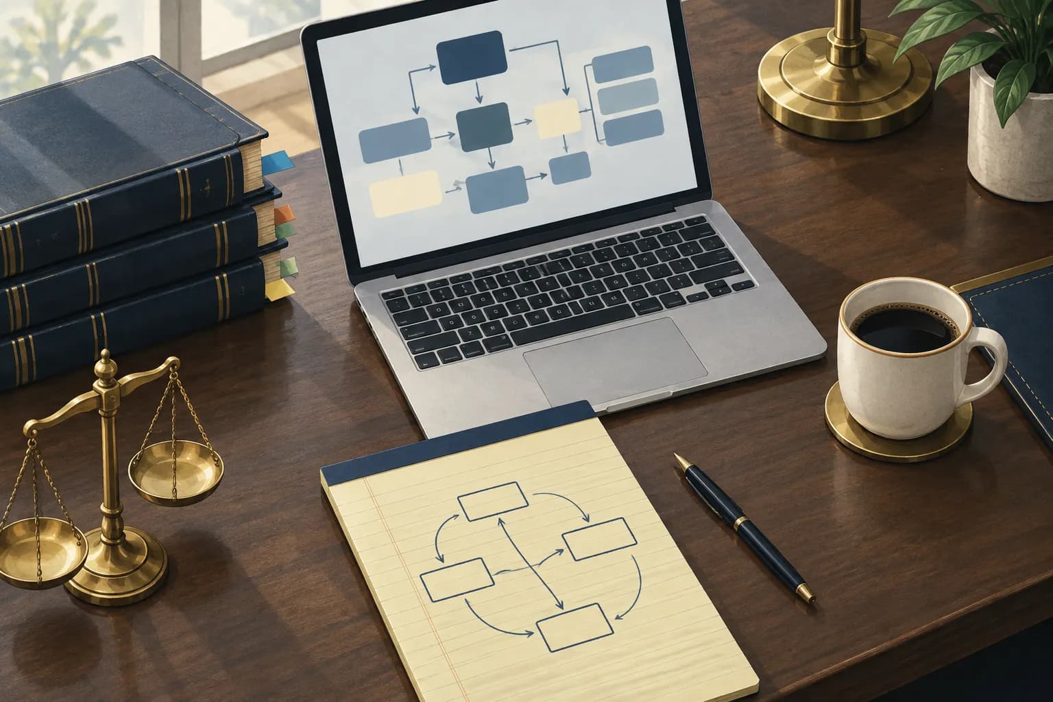 A law firm desk with a laptop showing an abstract workflow diagram beside case reporters and a legal pad with sketched process arrows.