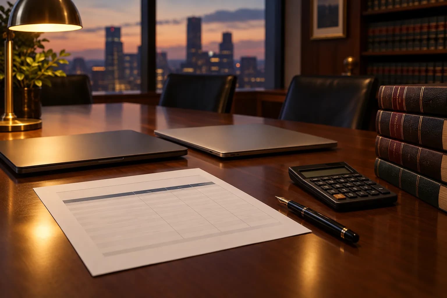 Two laptops on a law firm conference table beside a pricing proposal, a calculator and a stack of case reporters.