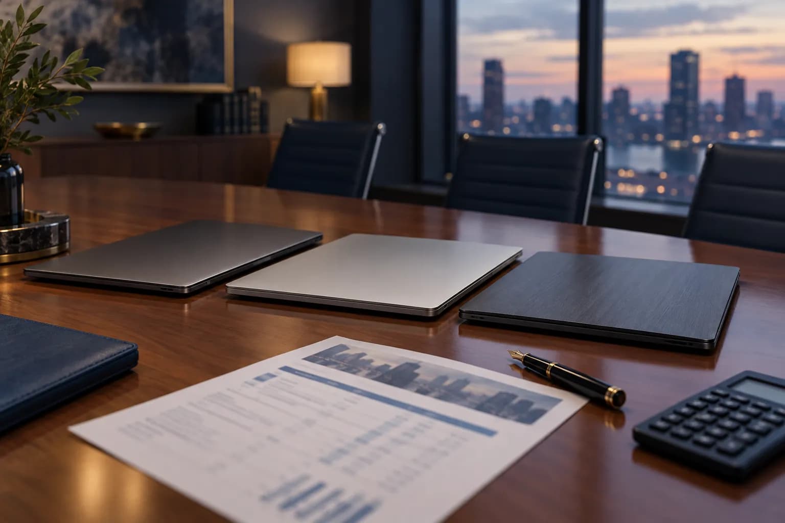 Three laptops side by side on a law firm conference table next to a quote sheet and a calculator, suggesting a comparison of legal AI platforms.