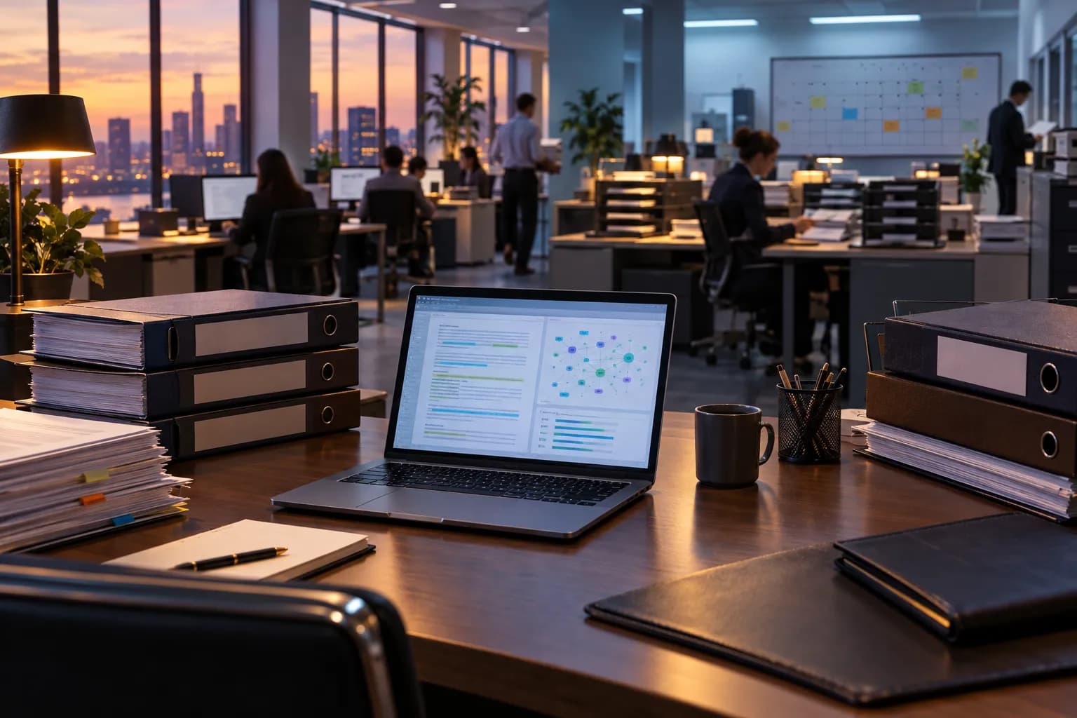 A large law firm office with a lawyer's research desk in front and an operations team working with files and calendars behind.