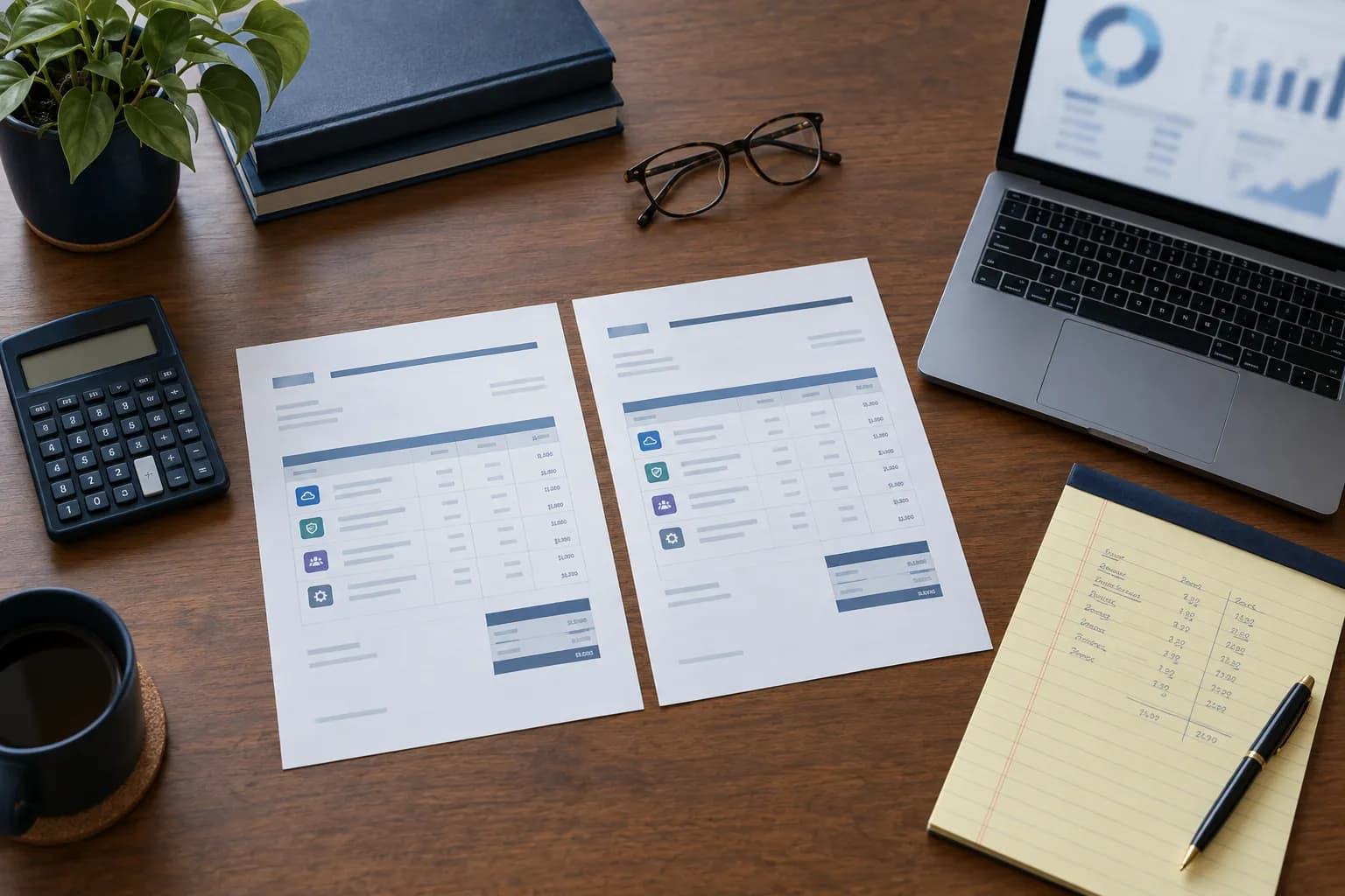 A law firm desk with two software invoices side by side, a calculator, a legal pad of budget notes and a laptop.