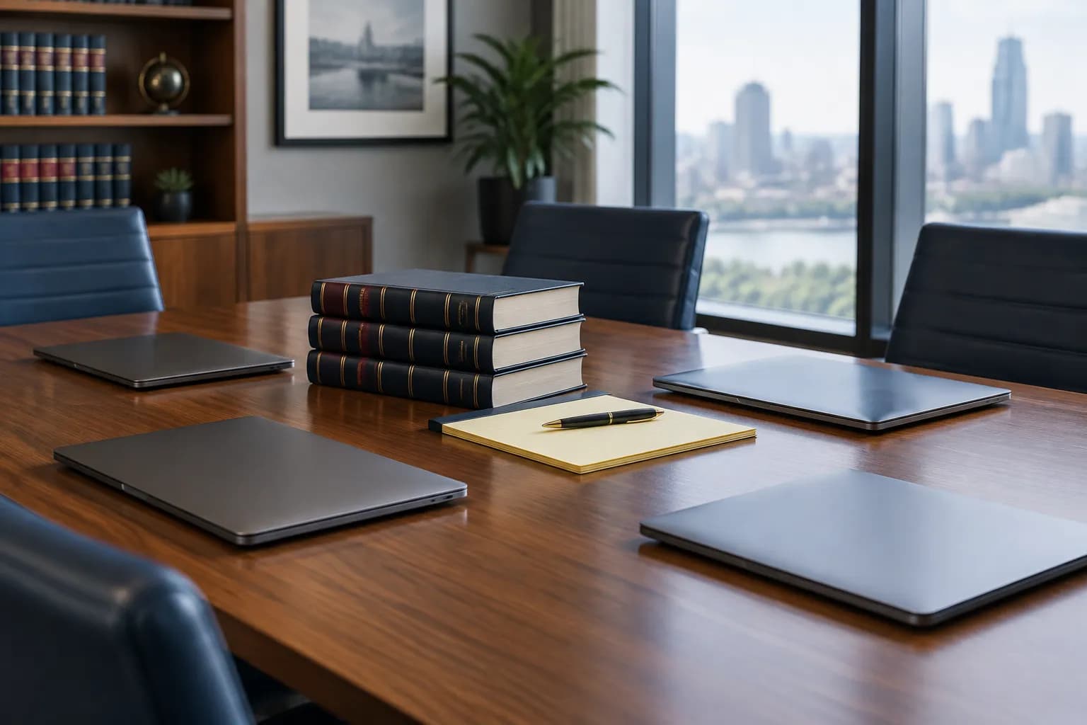Four laptops side by side on a law firm conference table next to bound case reporters and a legal pad.