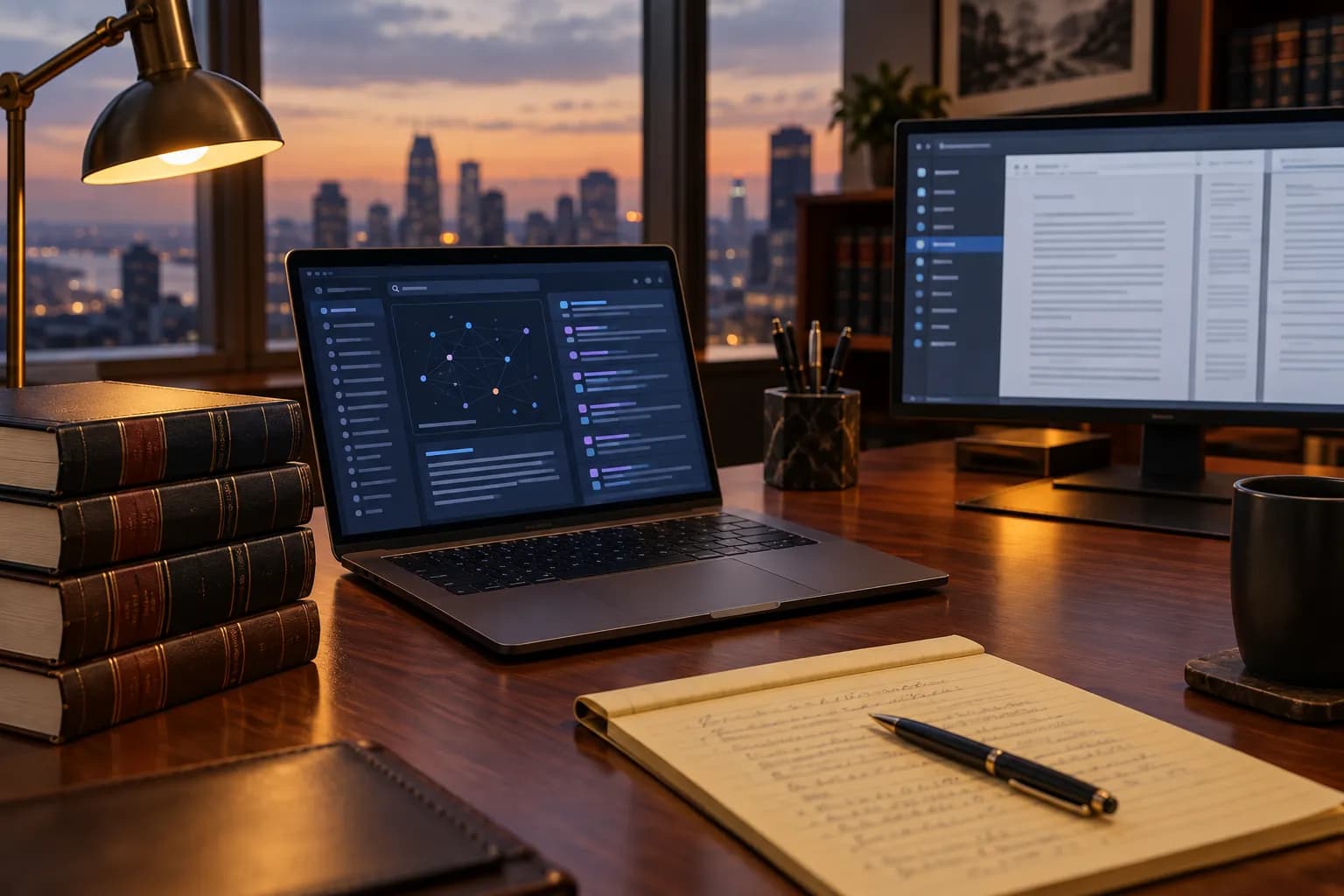 A law firm desk with a laptop, a second monitor, bound case reporters and a legal pad under warm lamp light.